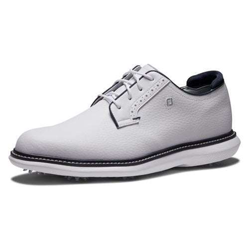 An image of a FootJoy Traditions Cleated Laced Golf Shoes - White / White / Navy - 10 on a white background