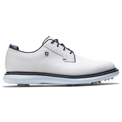 An image of a FootJoy Traditions Cleated Laced Golf Shoes - White / Navy / Blue - 7 on a white background
