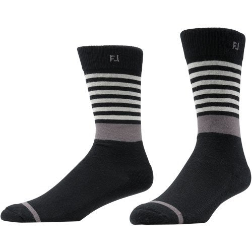 An image of a FootJoy Crew Stripe Socks - Size 7-12 - Black/Multi-Stripe on a white background