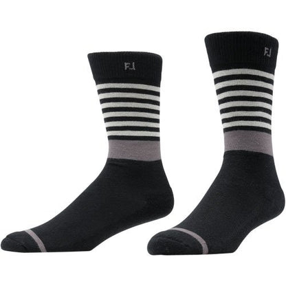 An image of a FootJoy Crew Stripe Socks - Size 7-12 - Black/Multi-Stripe on a white background