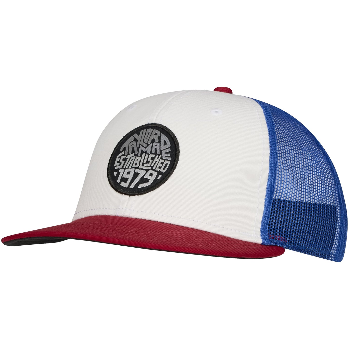 An image of a TaylorMade 2026 LS Carlsbad Trucker Hat - Red / White / Blue on a white background