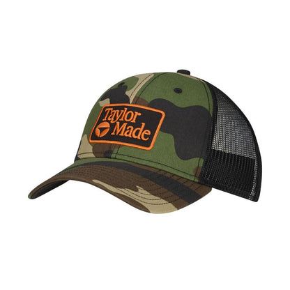 An image of a TaylorMade 2026 LS Radar Trucket Hat - Green Camo / Black on a white background