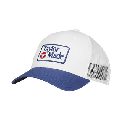 An image of a TaylorMade 2026 LS Radar Trucket Hat - White / Navy on a white background