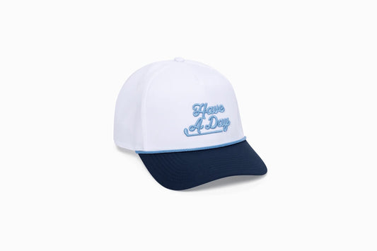 An image of a Breezy Hat - Have A Day Blue Contrast Bill Rope Hat on a white background