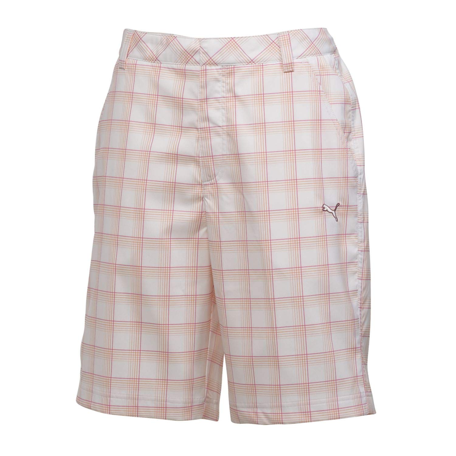 A product image of a Puma Junior Golf Plaid Tech Shorts on a white background