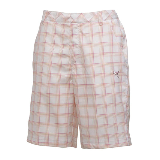A product image of a Puma Junior Golf Plaid Tech Shorts on a white background