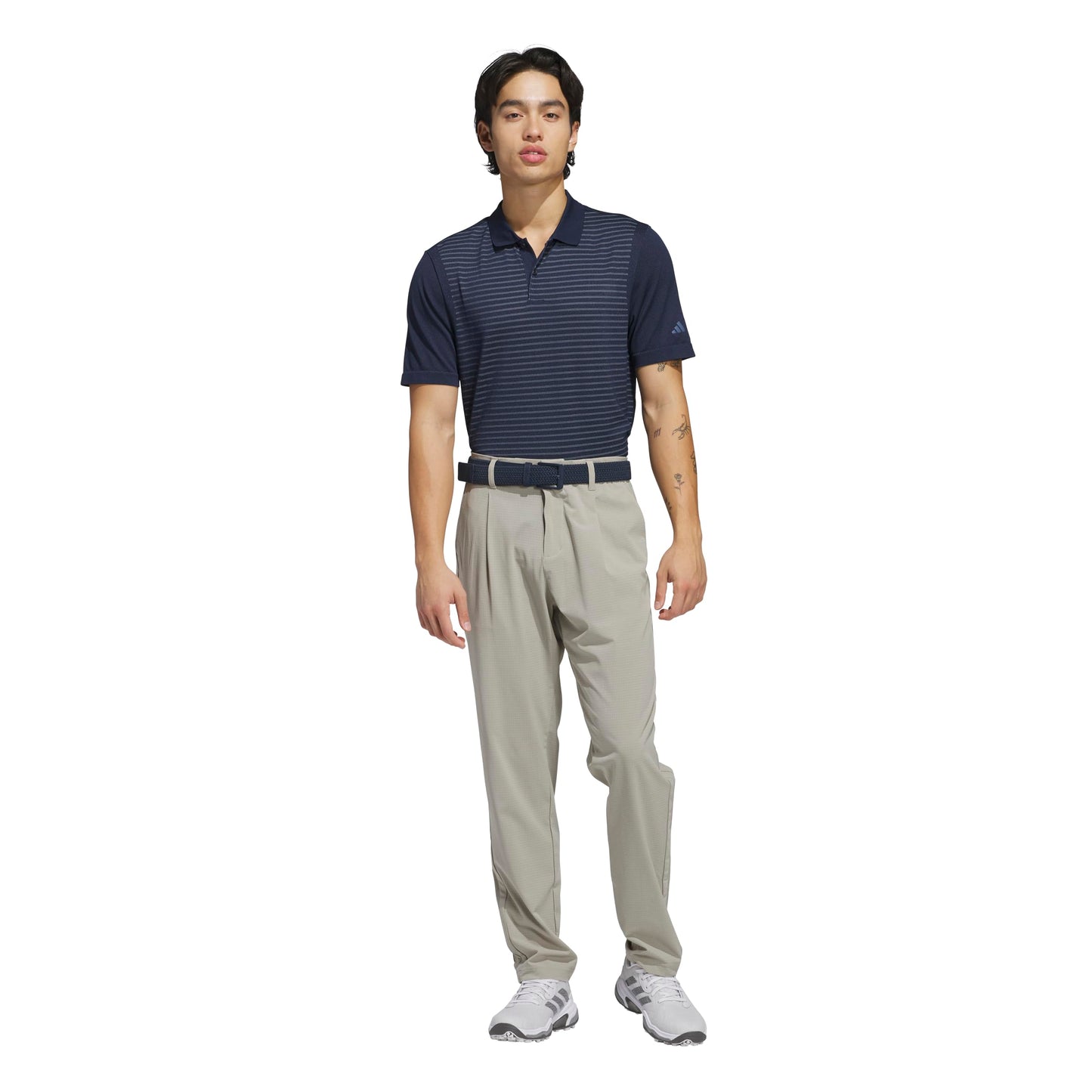 A product image of a Adidas Tour SLS Stripe Polo on a white background
