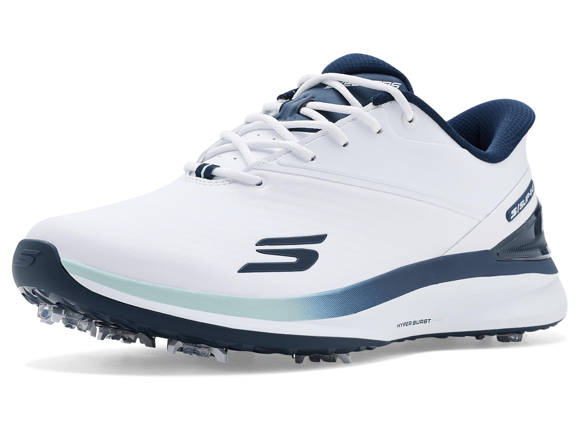 A product image of a Skechers Blade Tour SI Golf Shoes - White/Navy on a white background