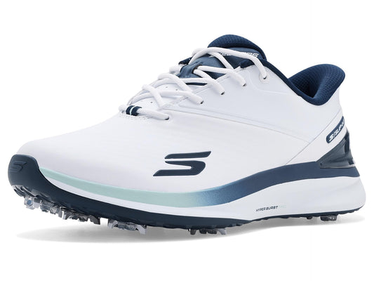 A product image of a Skechers Blade Tour SI Golf Shoes - White/Navy on a white background