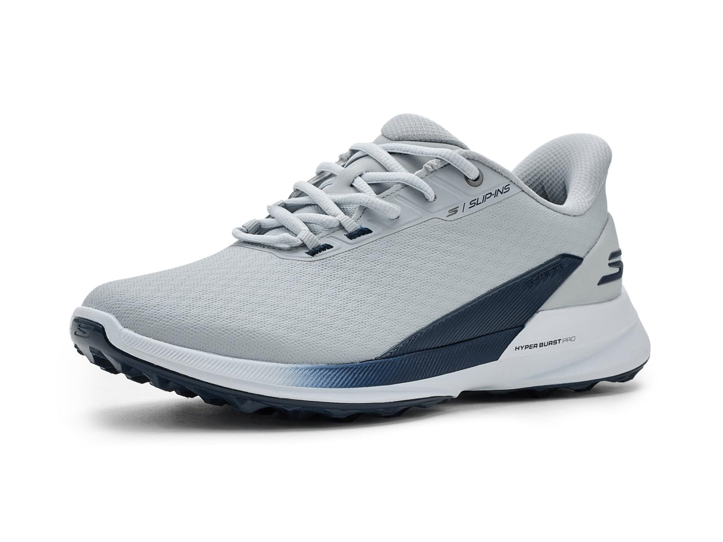 A product image of a Skechers Pure SI Golf Shoes - Gray / Navy - Wide on a white background