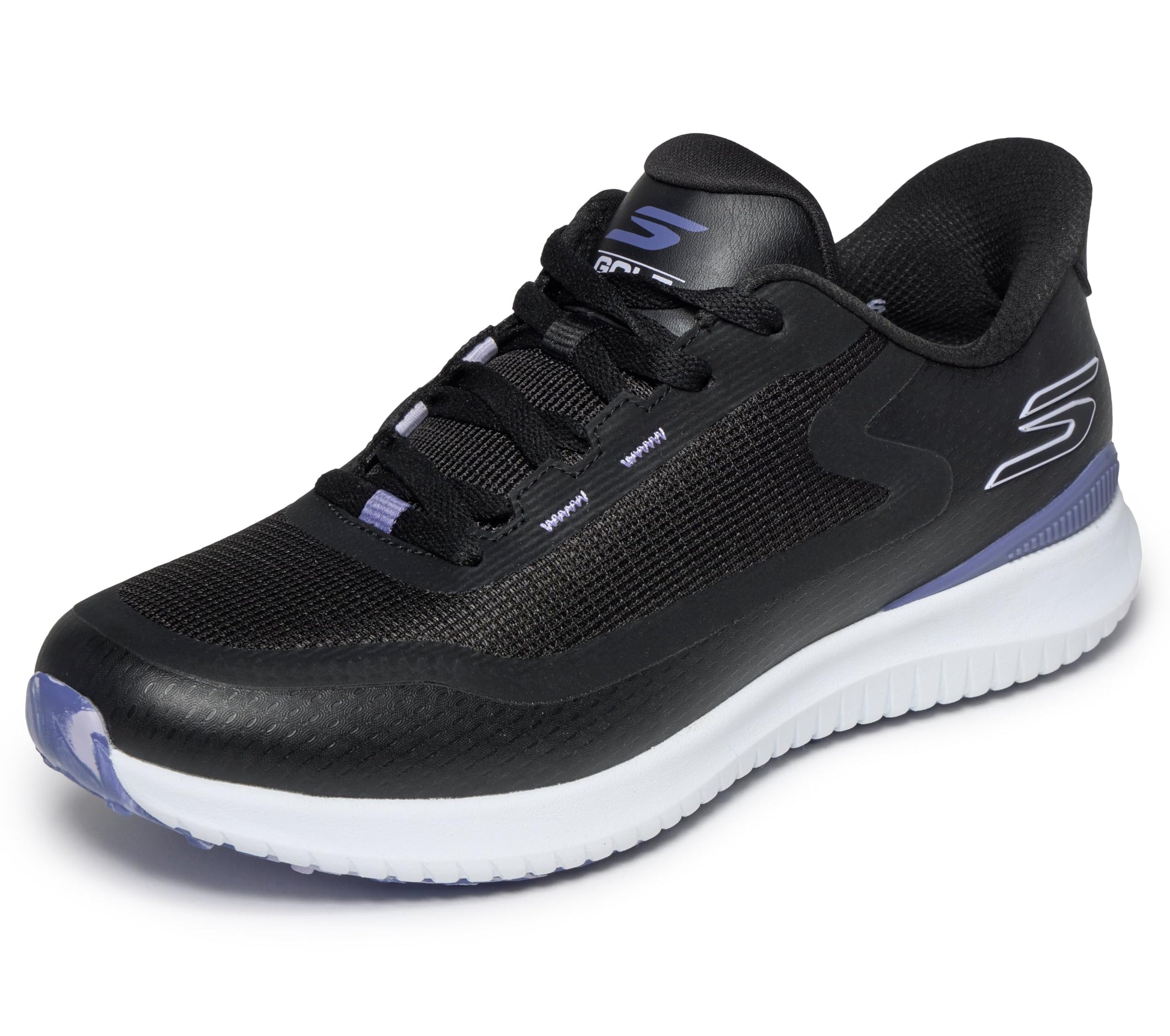 A product image of a Skechers Go Golf Flight Women's Golf Shoes - Black / Purple on a white background