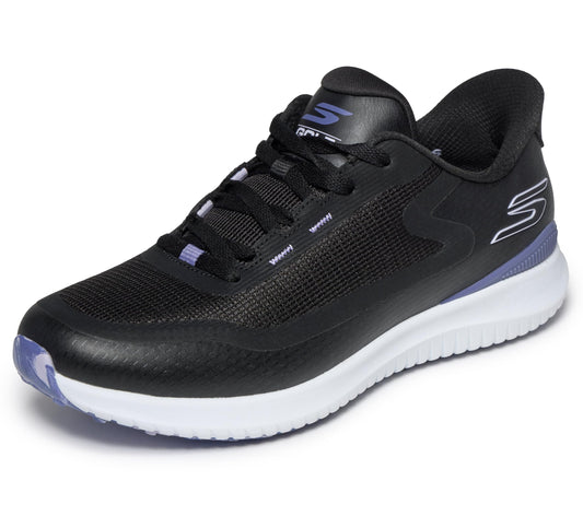 A product image of a Skechers Go Golf Flight Women's Golf Shoes - Black / Purple on a white background