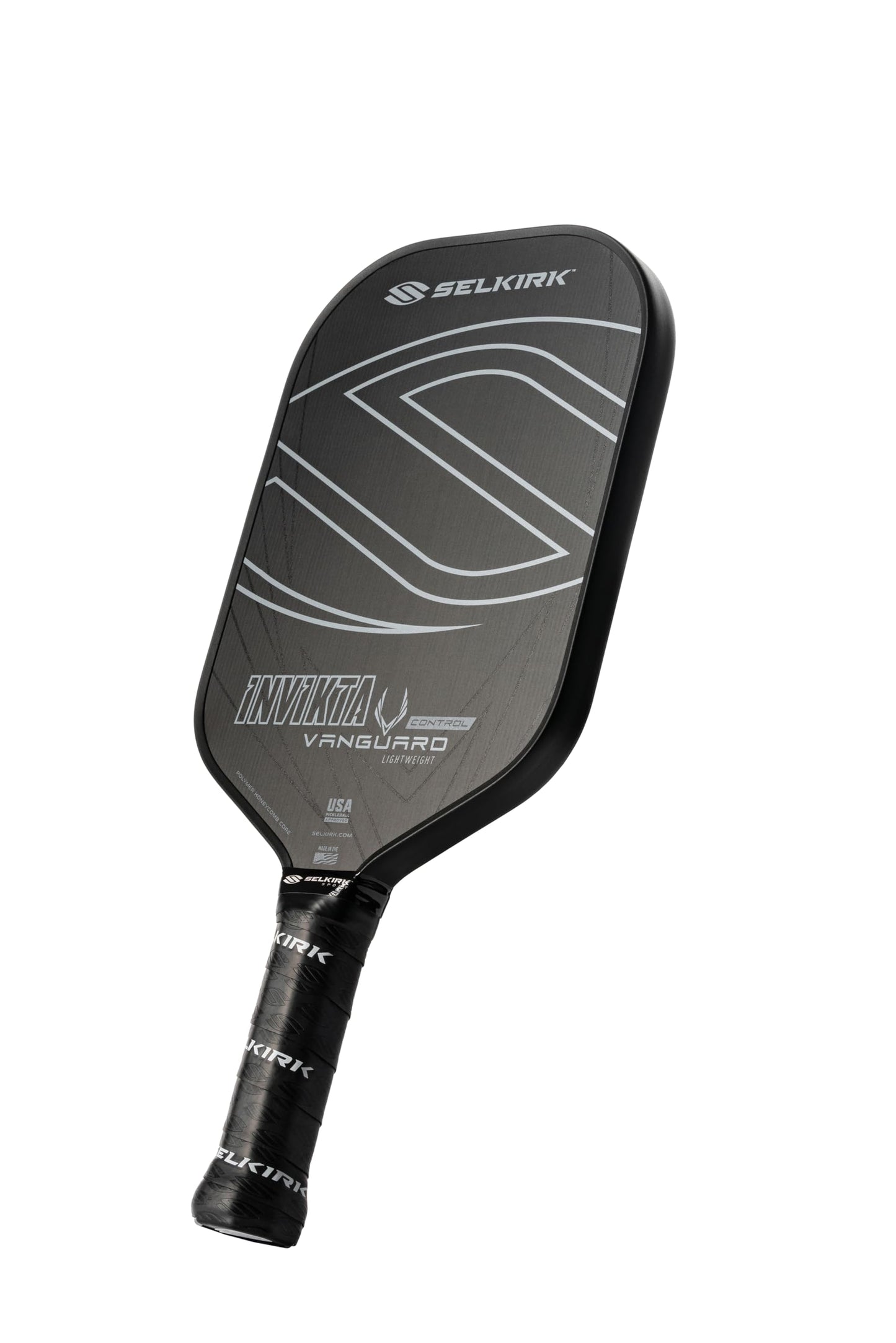 A product image of a Selkirk Vanquard Control Invikta Pickleball Paddle on a white background