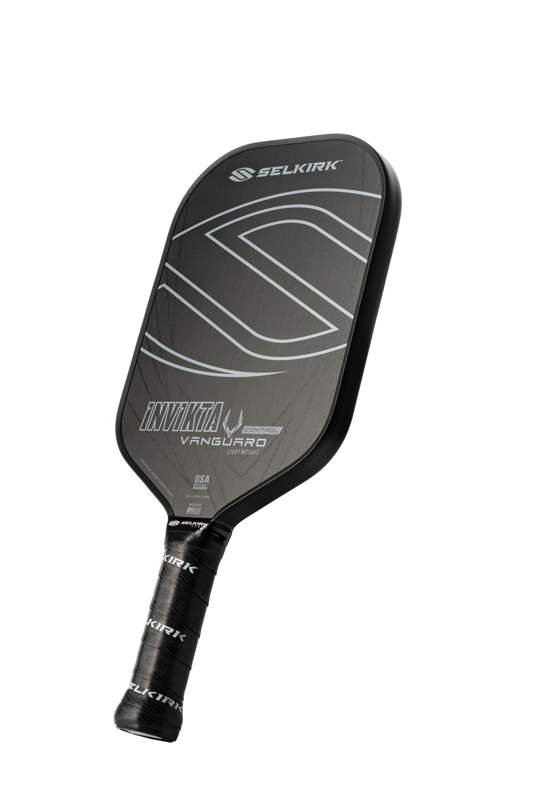 A product image of a Selkirk Vanquard Control Invikta Pickleball Paddle on a white background