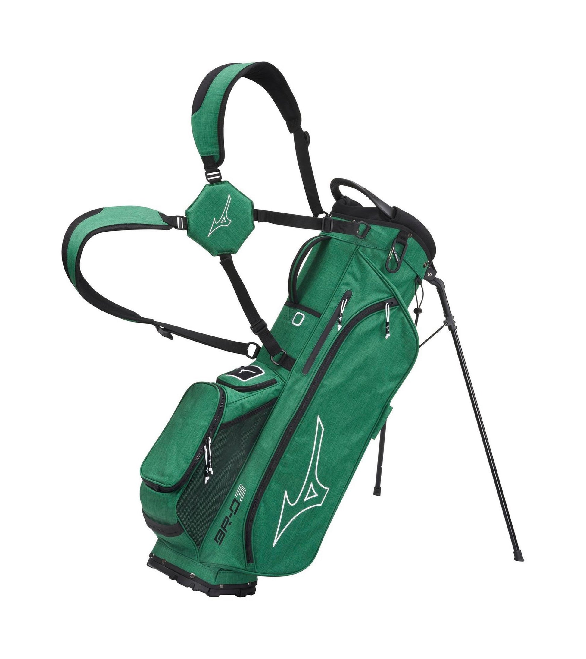 A product image of a Mizuno BR-D3 Heather Green golf stand bag on a white background